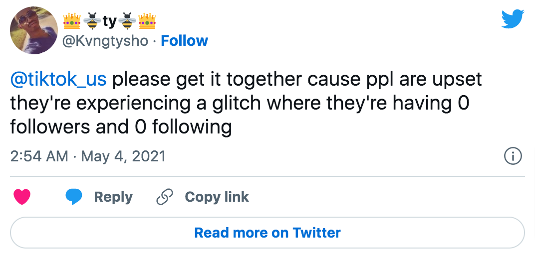 TikTok glitch causes users to have 0 followers tweet