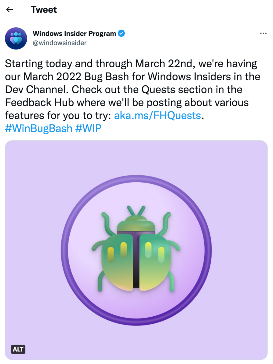 Microsoft’s Windows Insider bug bash tweet