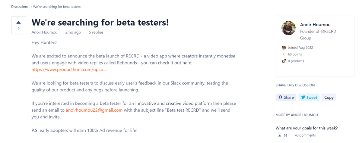 Product Hunt we're searching for beta testers screenshot