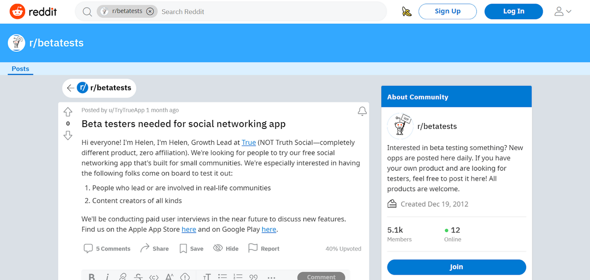 Reddit beta testers needed screenshot