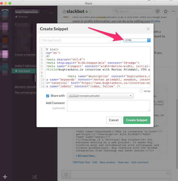 create code snippets inside Slack