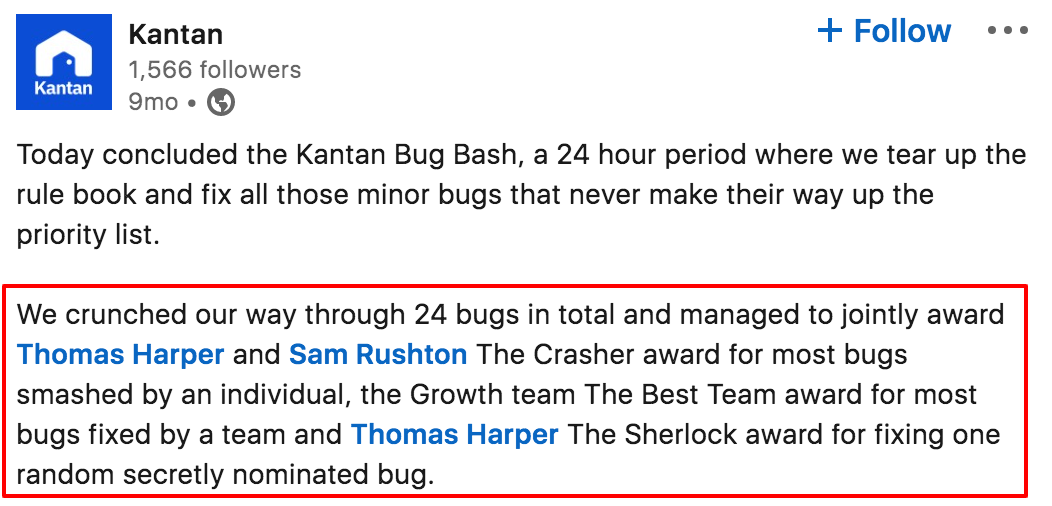 Kantan bug bash LinkedIn post