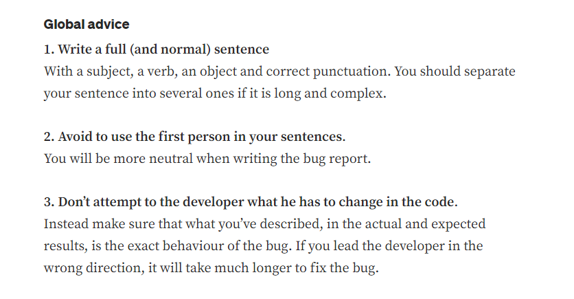 bug reporting general advice on describing the actual result
