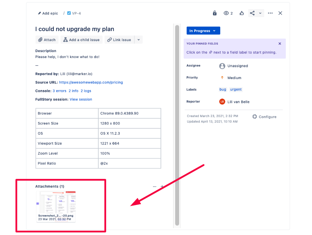 attachments to the bug report example