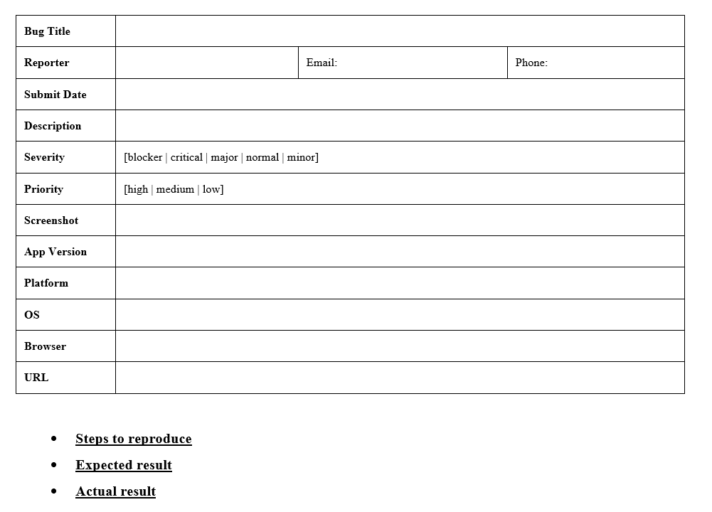 bug-reporting template Word