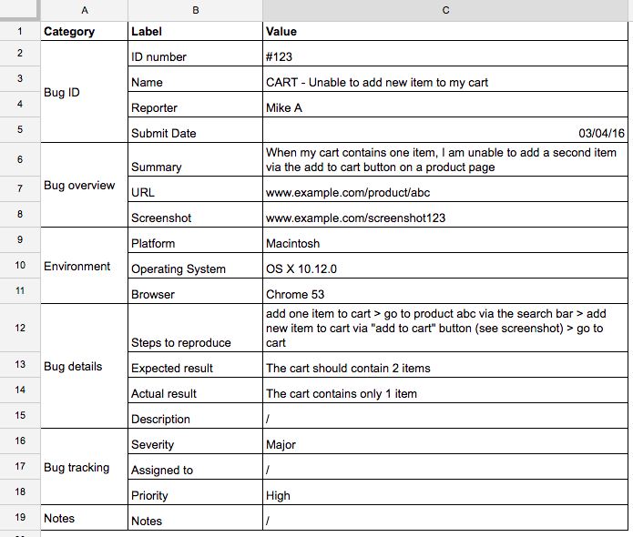 bug reporting template in Excel