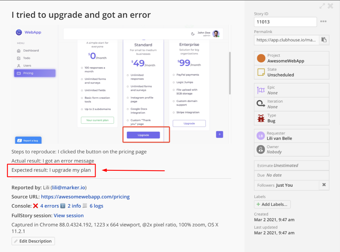 the testers tried to upgrade the pricing plan and received an error message