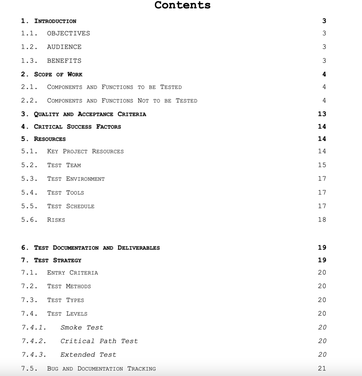sample table of contents