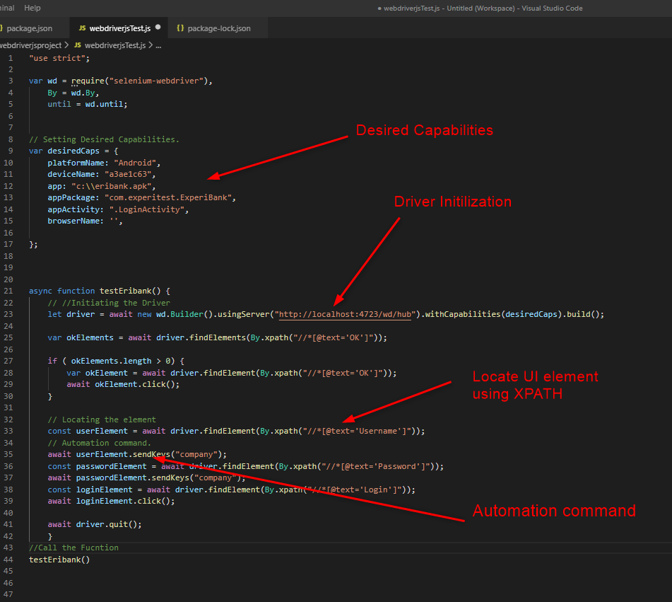 test script written in Appium example