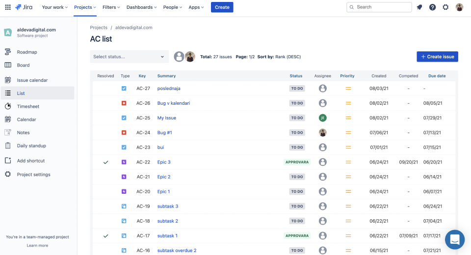 Jira bug list