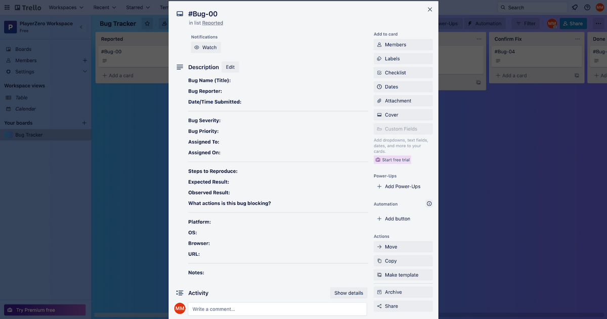 Trello bug report template