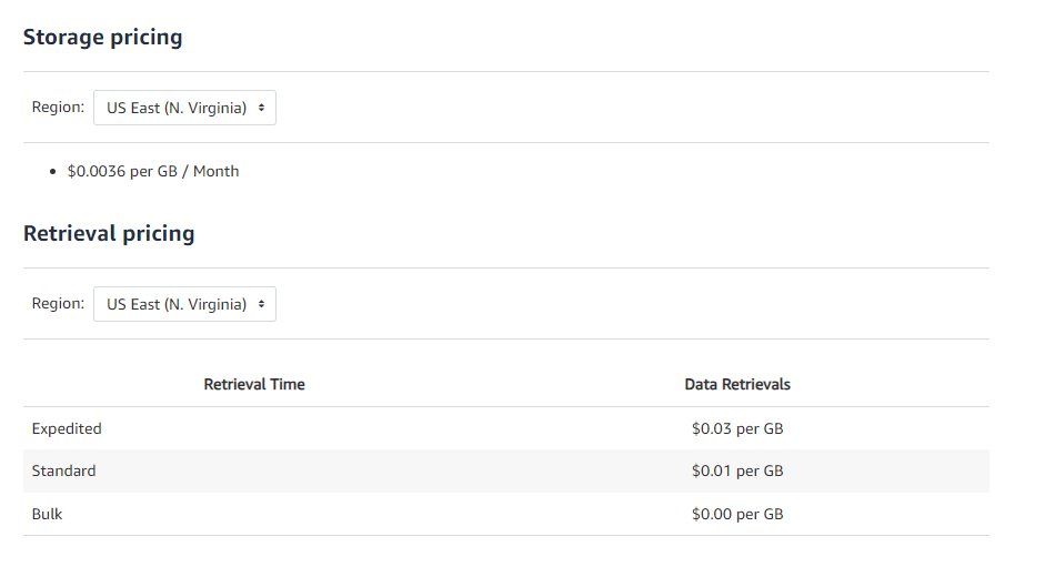 amazon s3 glacier archival cloud storage screenshot