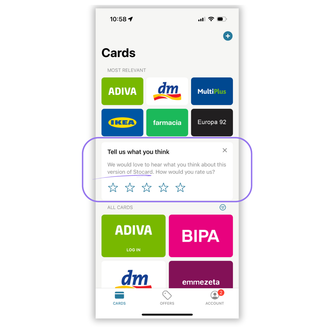 screenshot of stocard app feedback call to action
