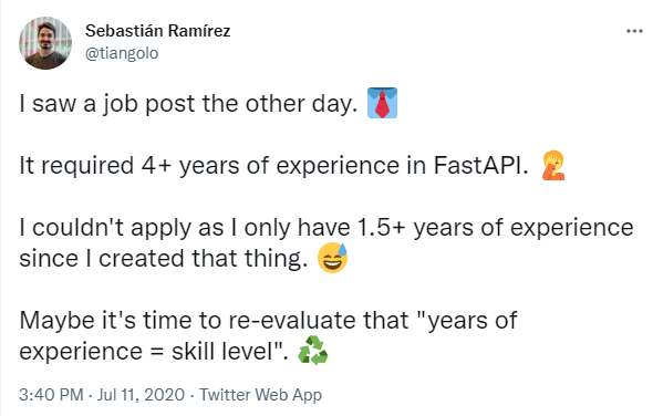 a twitter post screenshot about fastapi experience