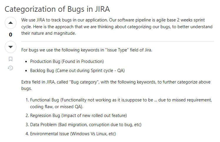 screenshot of a stack overflow post about bug categorization in jira 