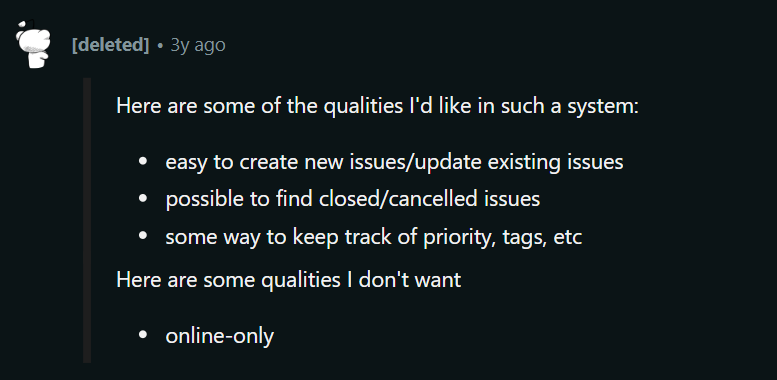 reddit comment about issue tracker qualities