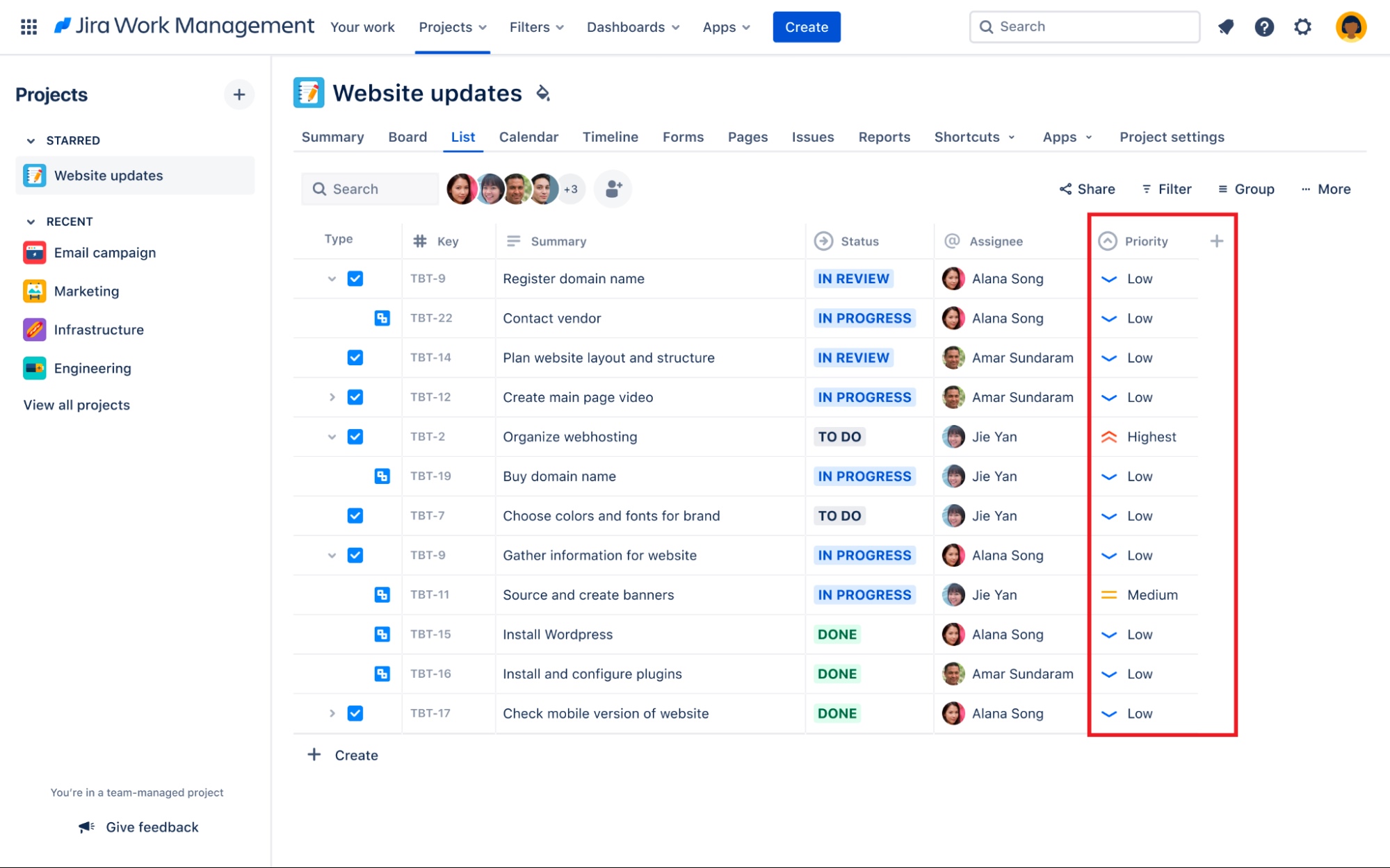 jira bug prioritization list screenshot