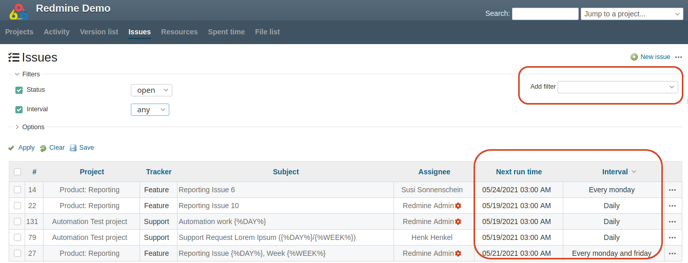 redmine regular interval ticket automation screenshot