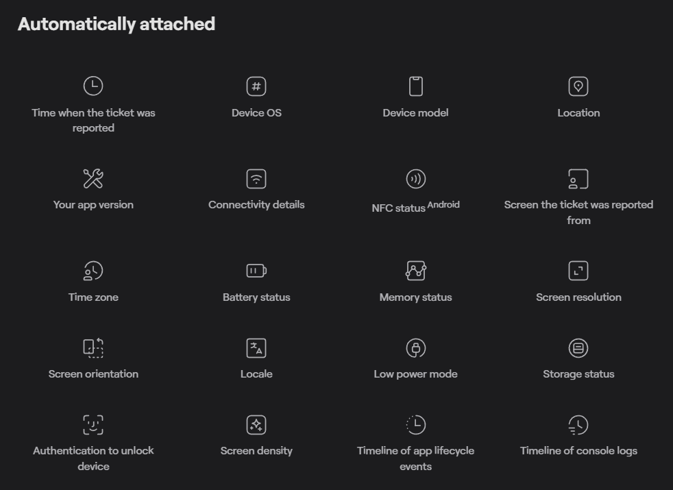 a screenshot of data that shake attaches to bug reports