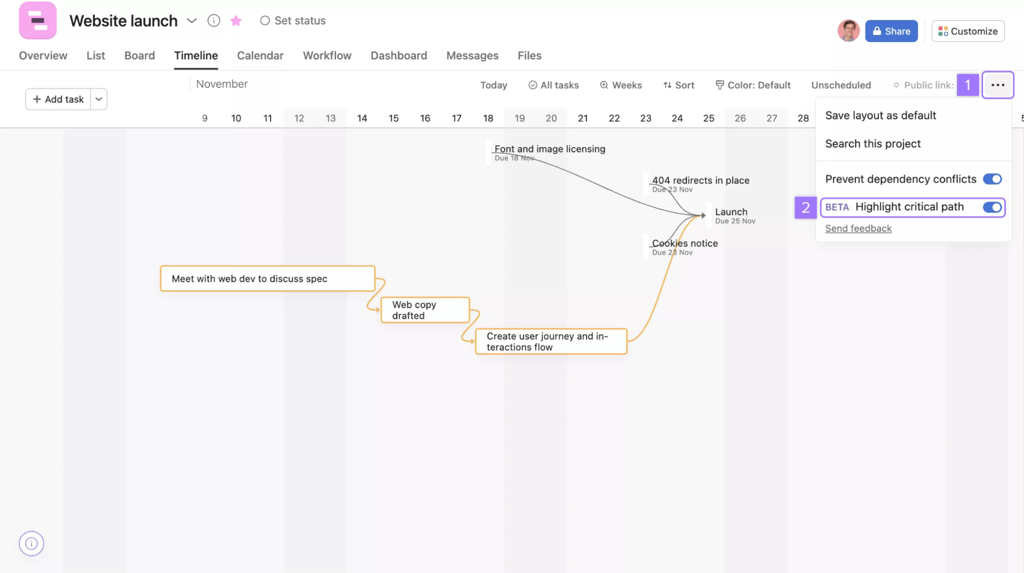 asana critical path view screenshot