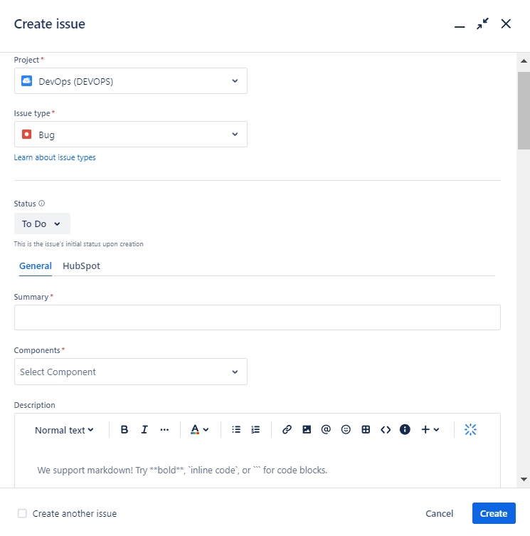 screenshot of a jira issue creation screen