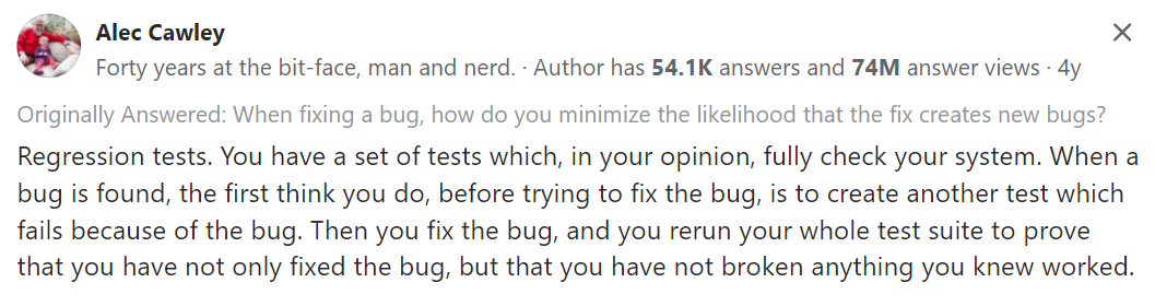 screenshot of a quora comment explaining the benefits of regression testing