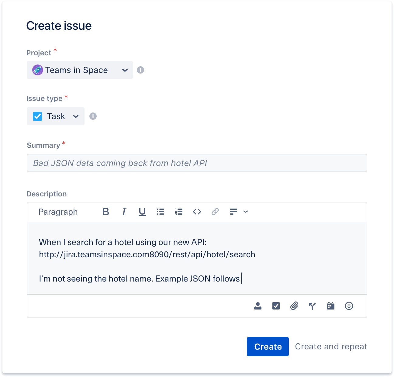 jira issue creation screens for writing out bug details