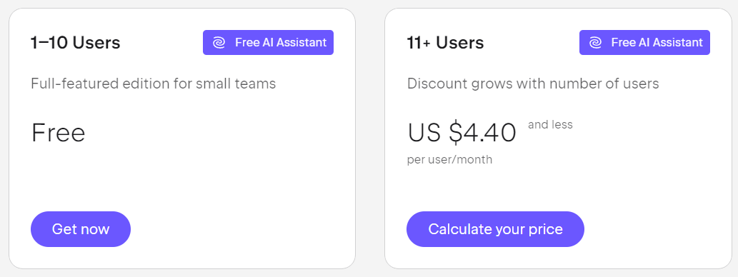 screenshot of an issue tracking software pricing breakdown