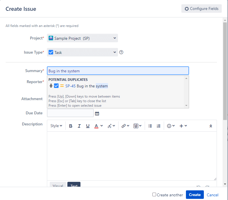 a screenshot of an issue tracking system feature that prevents duplicate issues