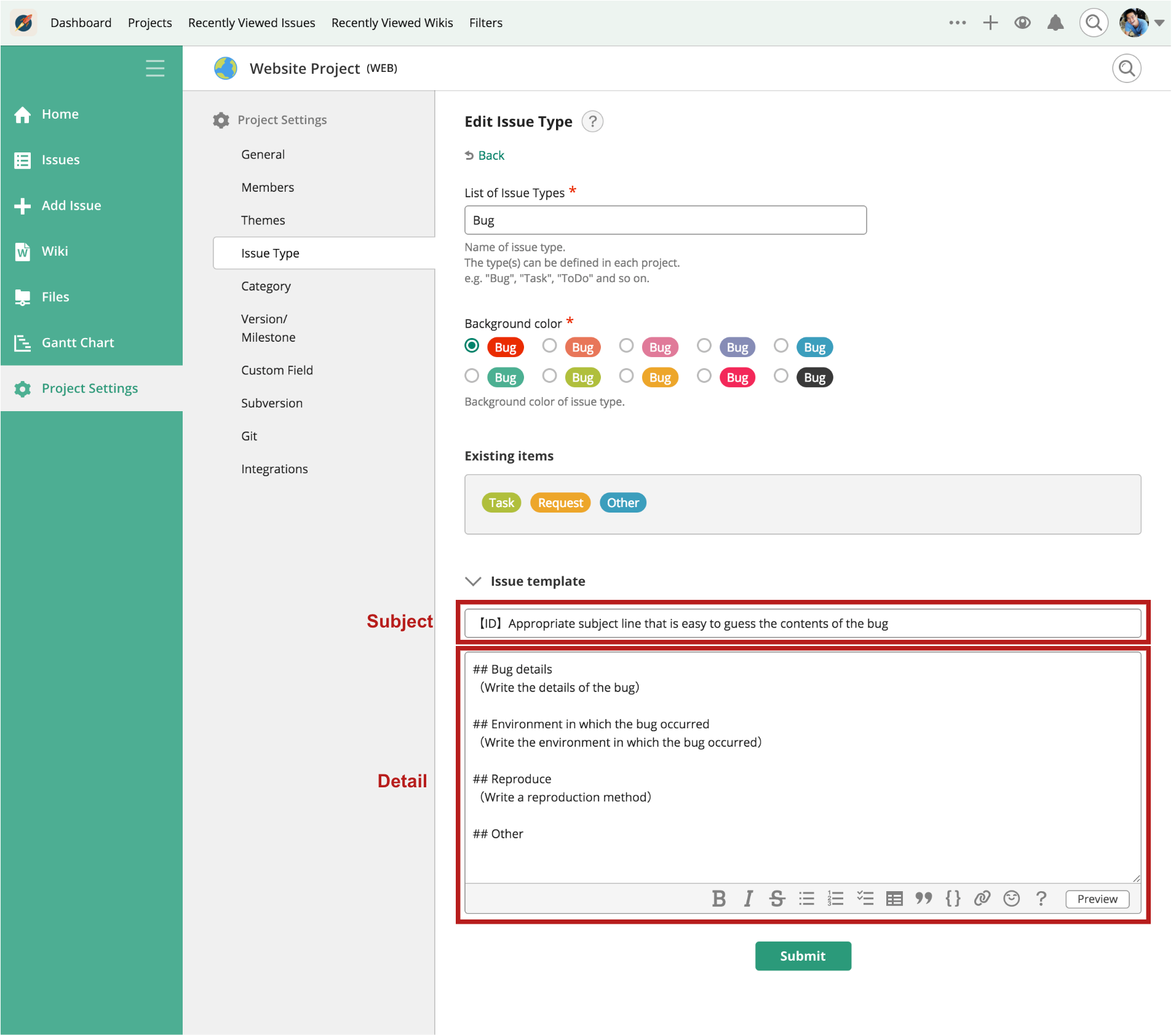 screenshot of an issue tracker template