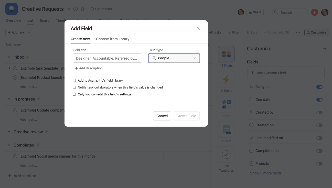 asana custom fields screenshot