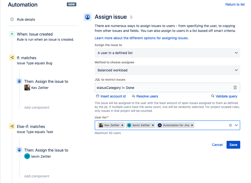 jira automatic bug assignment screenshot