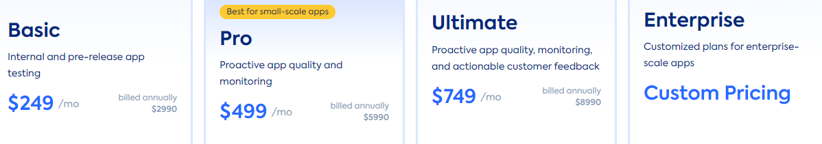 instabug plans and pricing screenshot