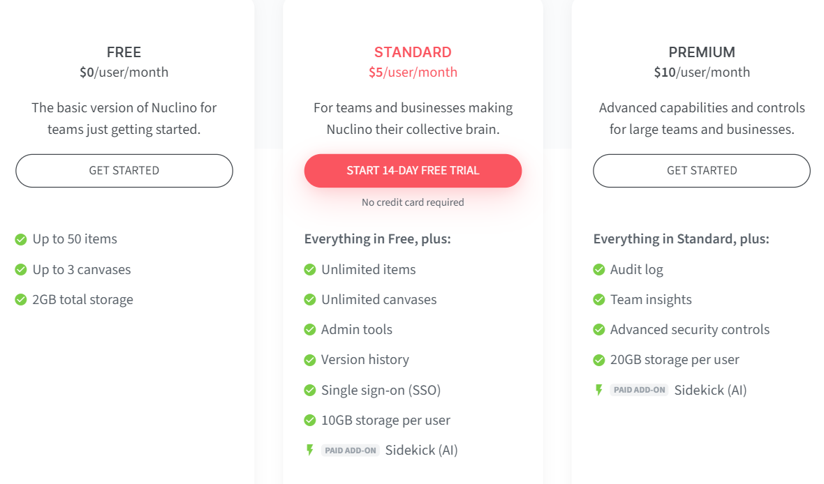 nuclino plans and pricing screenshot