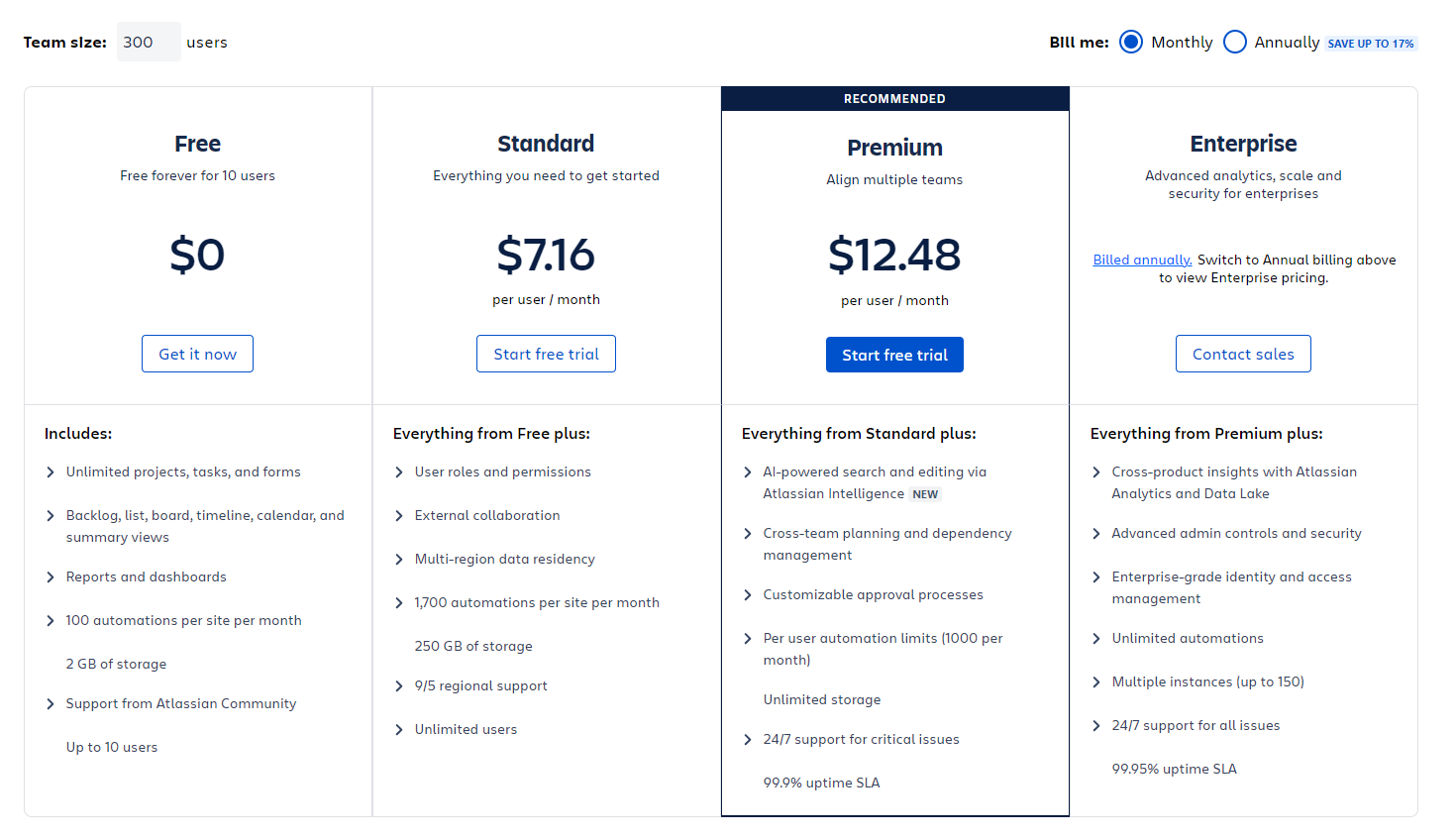 jira plans and pricing screenshot