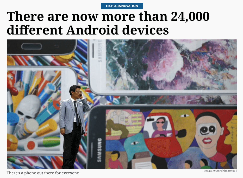 Headline stating there are over 24,000 Android devices with a man on the phone and colorful illustrations of smartphones in the background