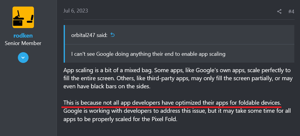 XDA Forums user comment discussing app scaling issues on foldable devices and developers not fully optimizing apps for Pixel Fold