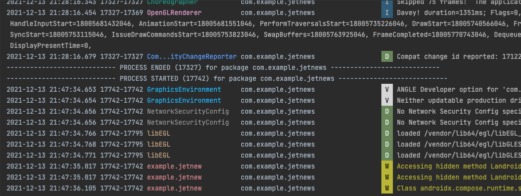 Terminal log – Android app debug output