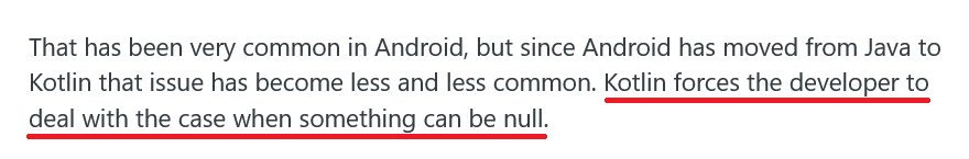 Reddit text explaining Kotlin's ability to reduce null pointer issues in Android development
