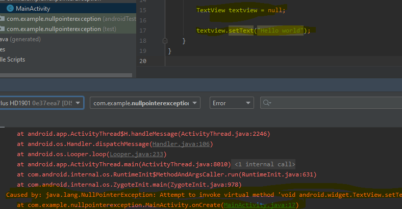 Screenshot of Android Studio with a NullPointerException error highlighted in the log and code