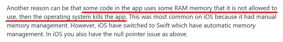 Reddit user explanation about app crash due to unauthorized RAM usage and OS intervention