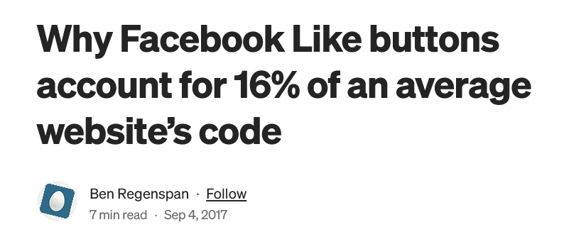 Article headline stating Facebook Like buttons account for 16% of website code