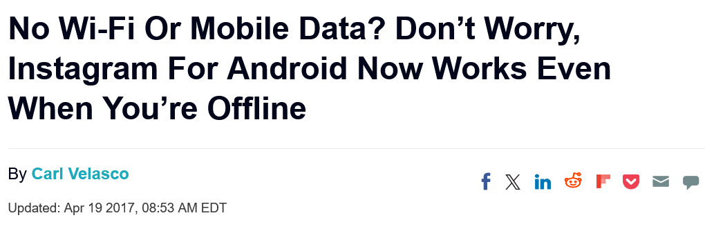 News headline about Instagram for Android working offline without Wi-Fi or mobile data
