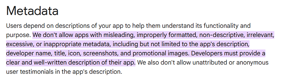 Google Play’s metadata requirements