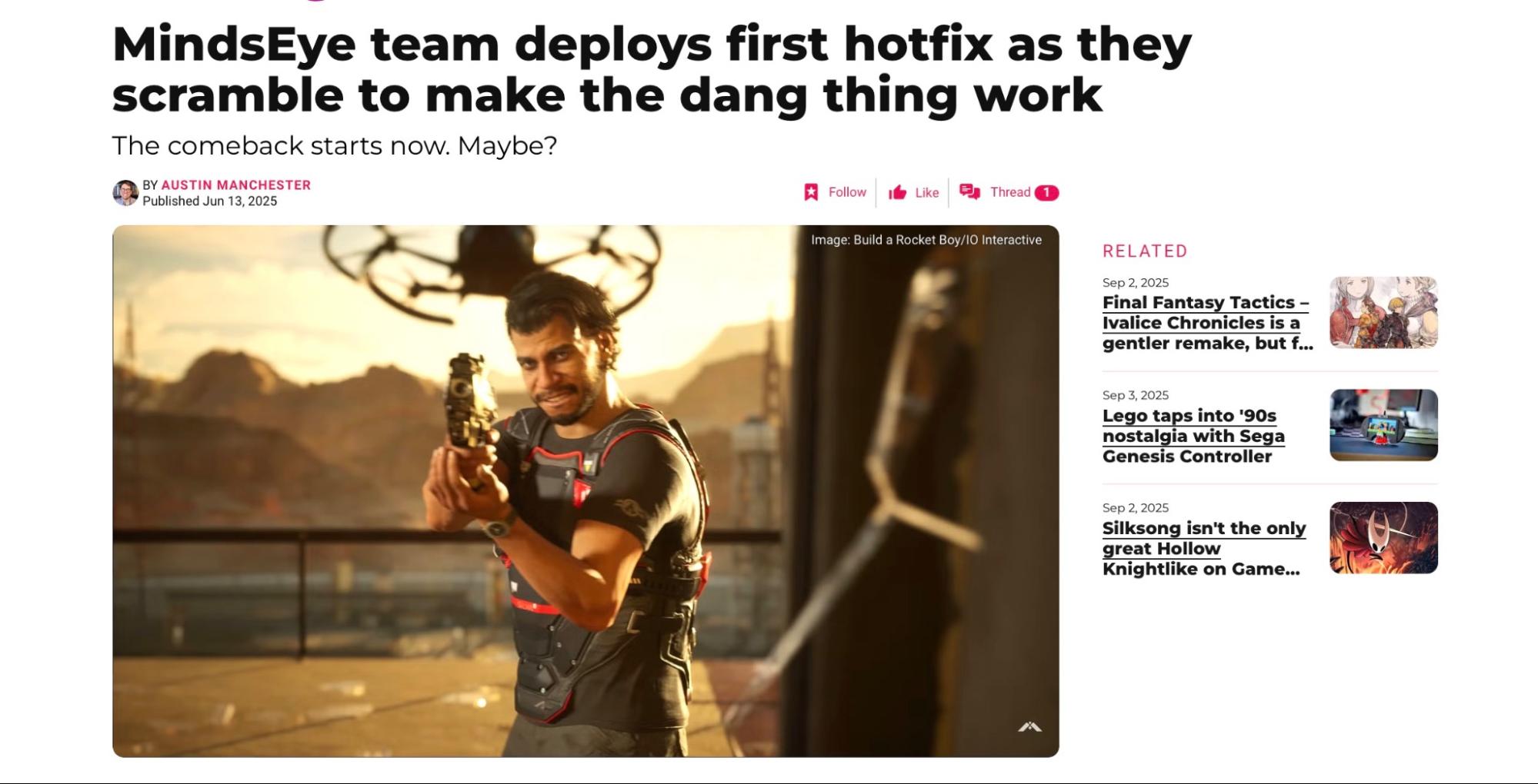 MindsEye team deploys first hotfix as they scramble to make the dang thing work news article headline