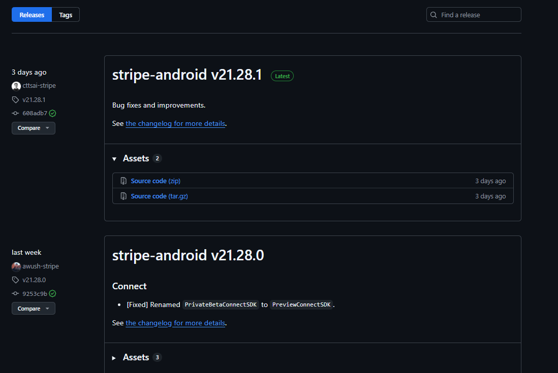 GitHub release page showing Stripe Android SDK version update
