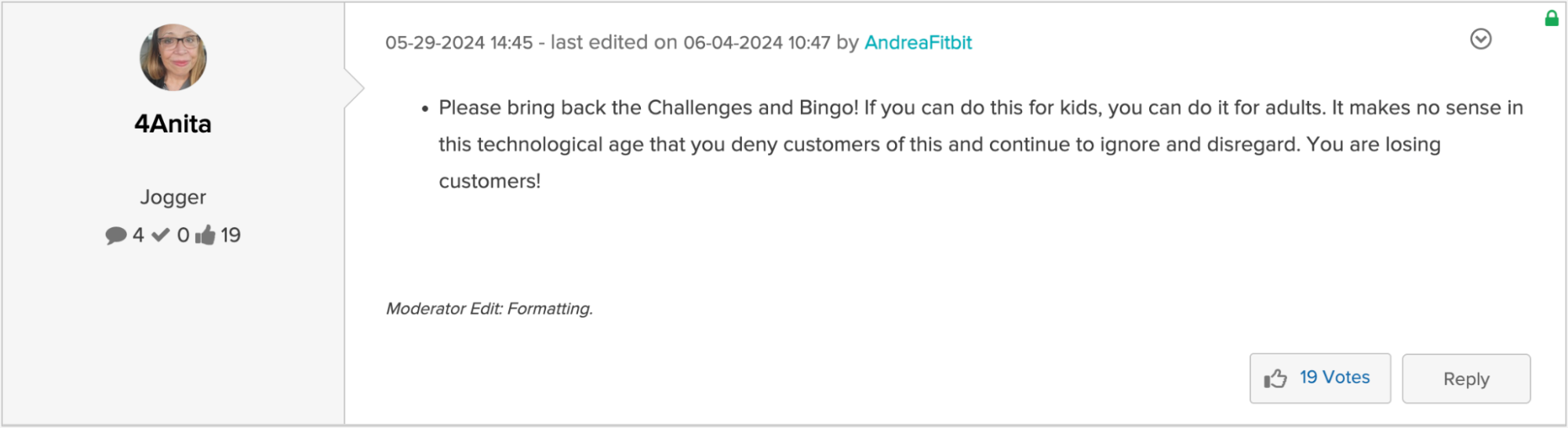 User review requesting return of Challenges and Bingo features in app