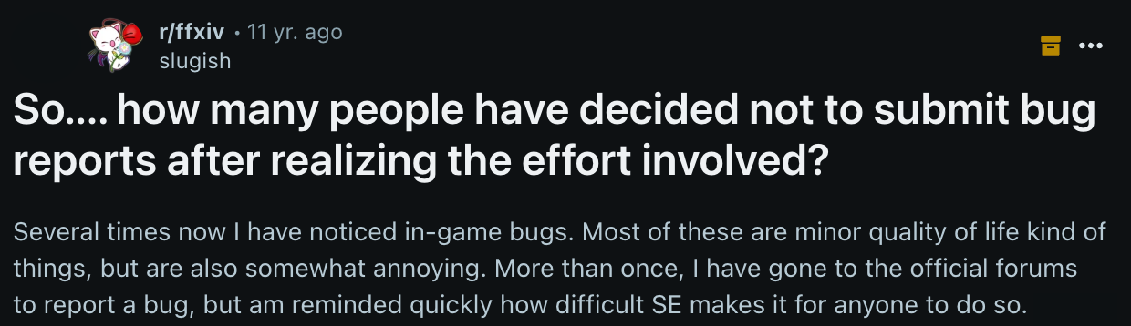 Reddit discussion about difficulty submitting bug reports