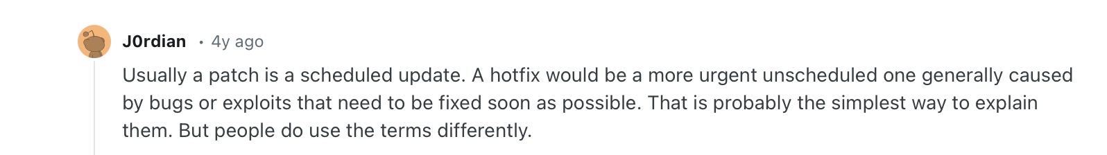 Developer explaining the difference between scheduled patches and urgent hotfixes on Reddit