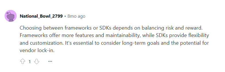 Reddit comment discussing differences between frameworks and SDKs